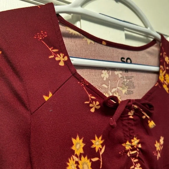 SO Yellow flowers print long sleeved burgundy dress short dress - Picture 3 of 6